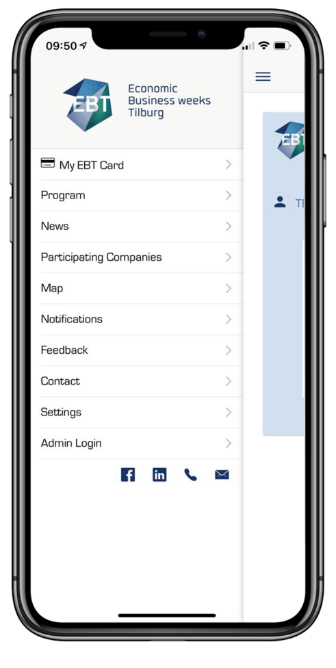 EBT app — menu met alle functies en socials